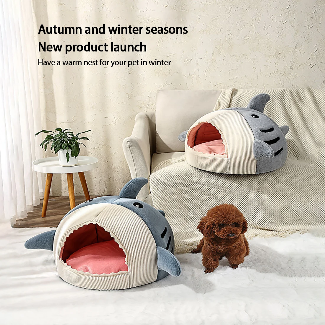 Cat Bed House Dog Kennel Cartoon Shark Warm Plush Kitten Cushion Basket Tent Puppy Cave Nest Mat Bag Creative Indoor Pet Supplie