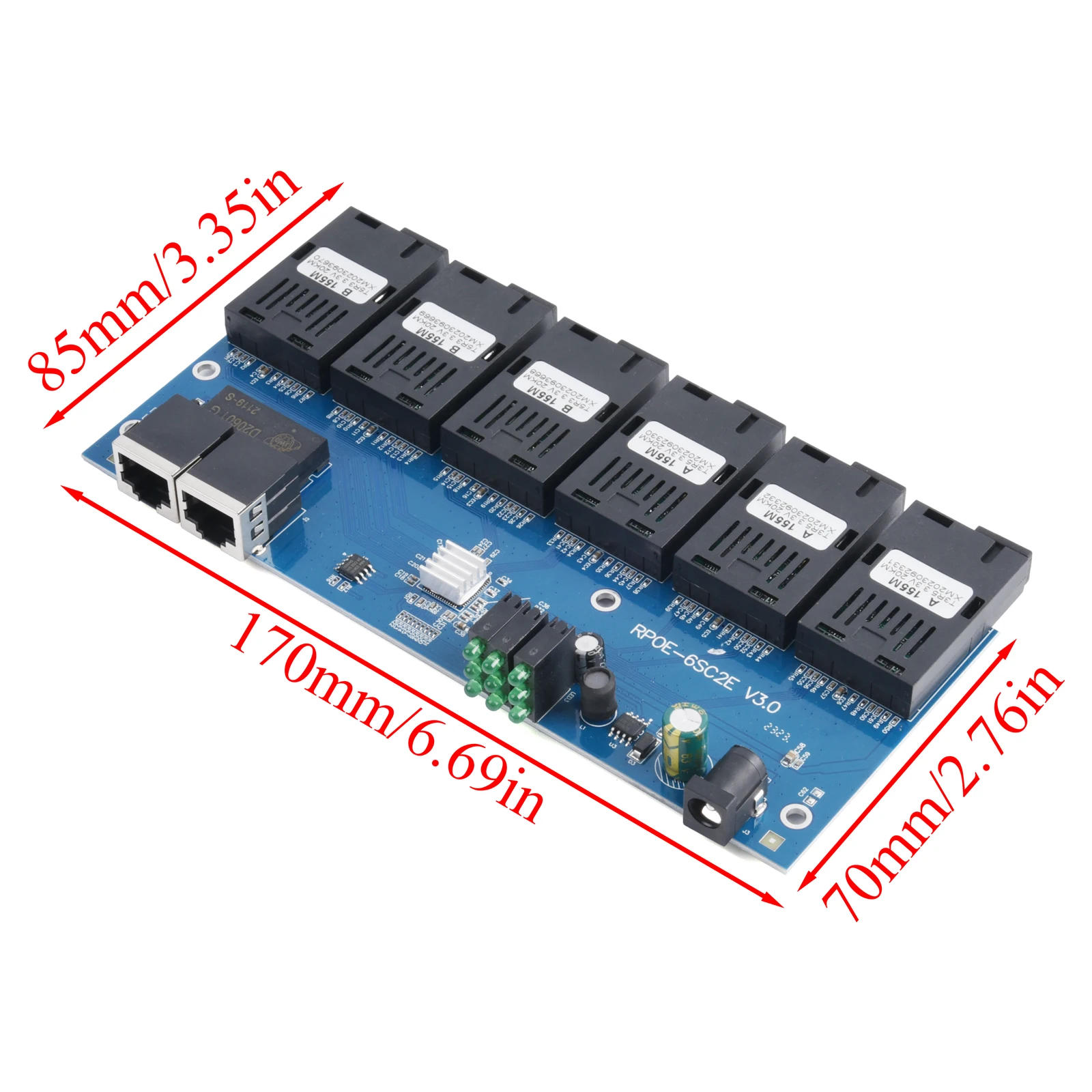 100M PCBA Board Fiber Optic Media Converter 2 RJ45 to 6 SC Optic Connector 1310nm/1550nm 3A+3B Ports 20KM Ethernet POE Switch