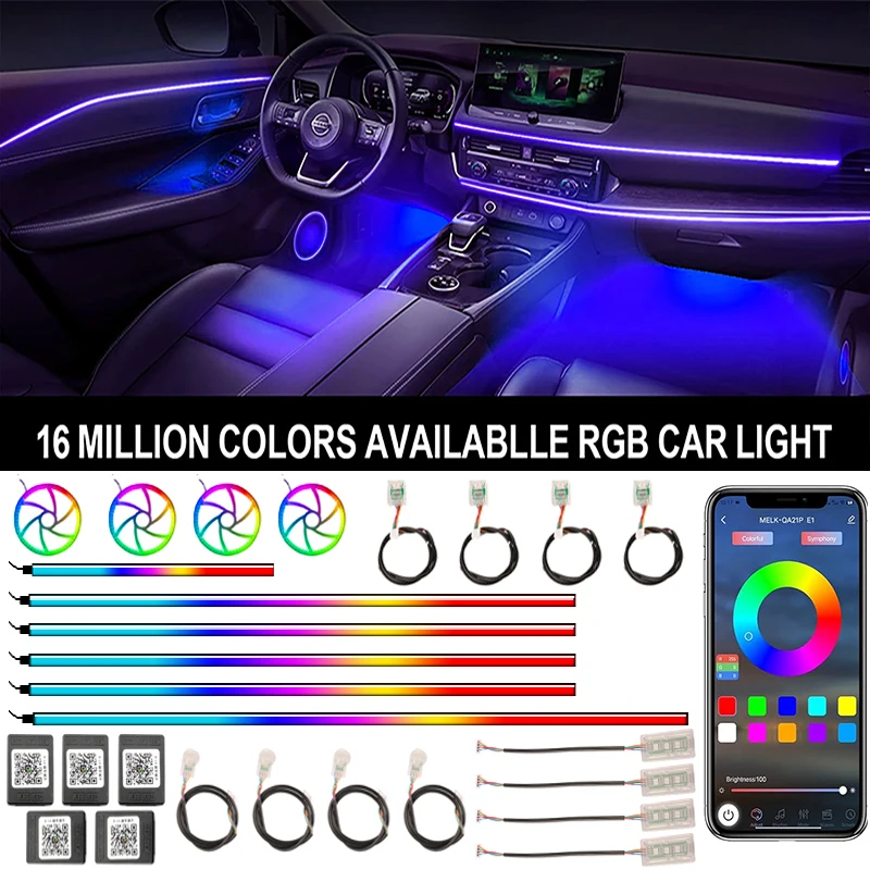 

Car Ambient Acrylic Lights Symphony LED 64 RGB Remote App Control Auto Interior Accessories Rainbow Atmosphere Lamp Strips 22in1