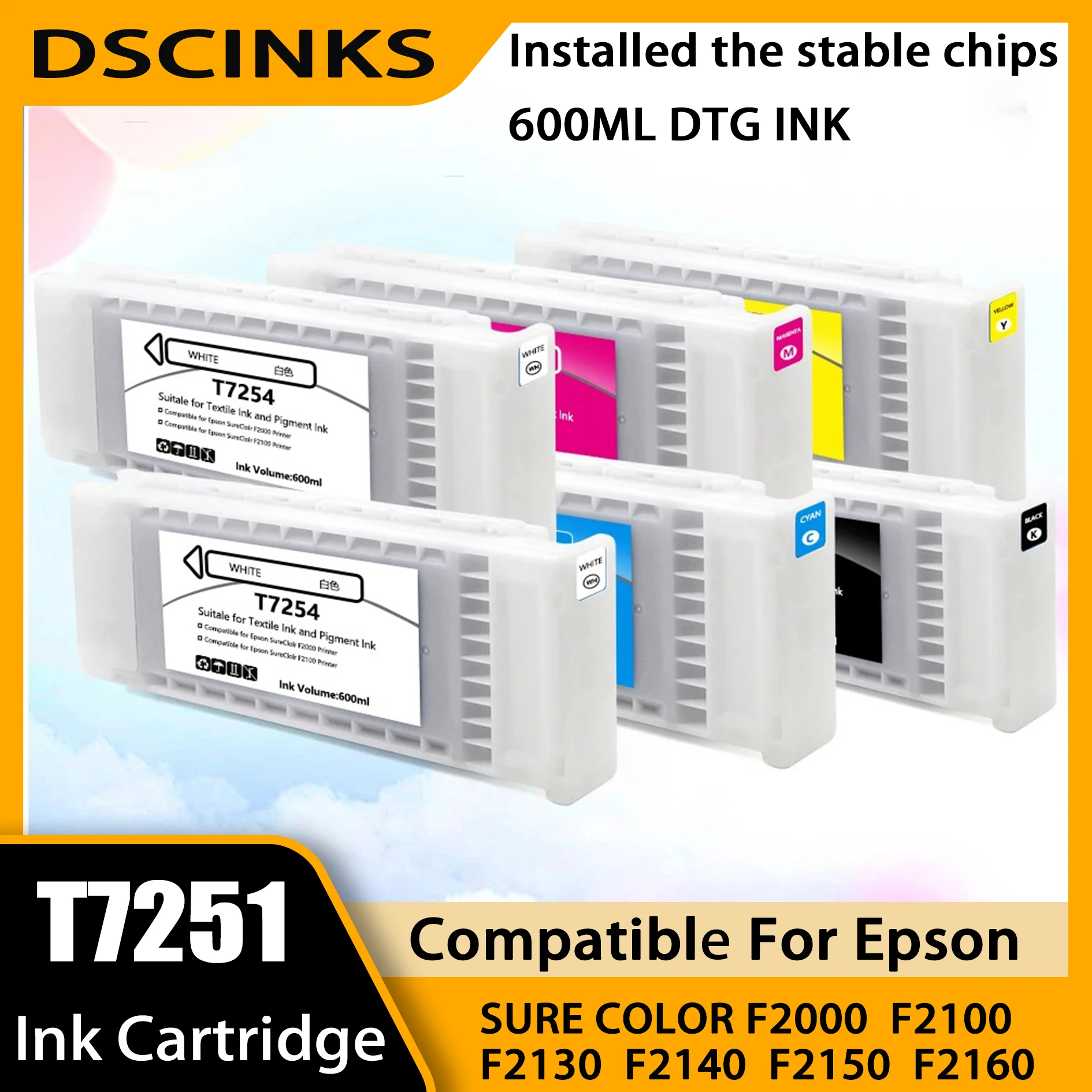 T7251 T7252 T7253 T7254 T725A Compatible Ink Cartridge For Epson Surecolor F2000 F2100 F2130 F2140 Printer Full DTG Textile Ink