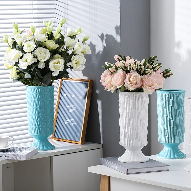 European-style Ceramic Vase Cylindrical Hydroponic Flowers Green Plant Potted Living Room White Blue Flower Home Decoration