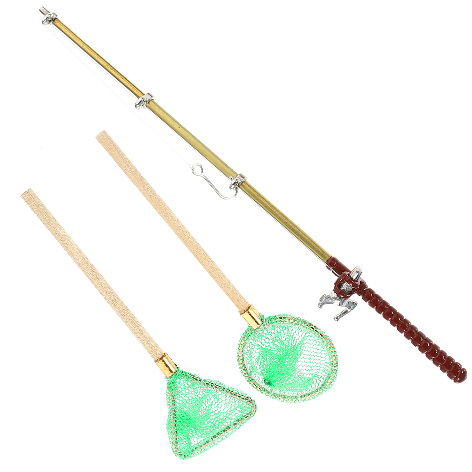 Mini Fishing Rod Toy Miniature Scene Adornments House Net Supplies Decor Wooden