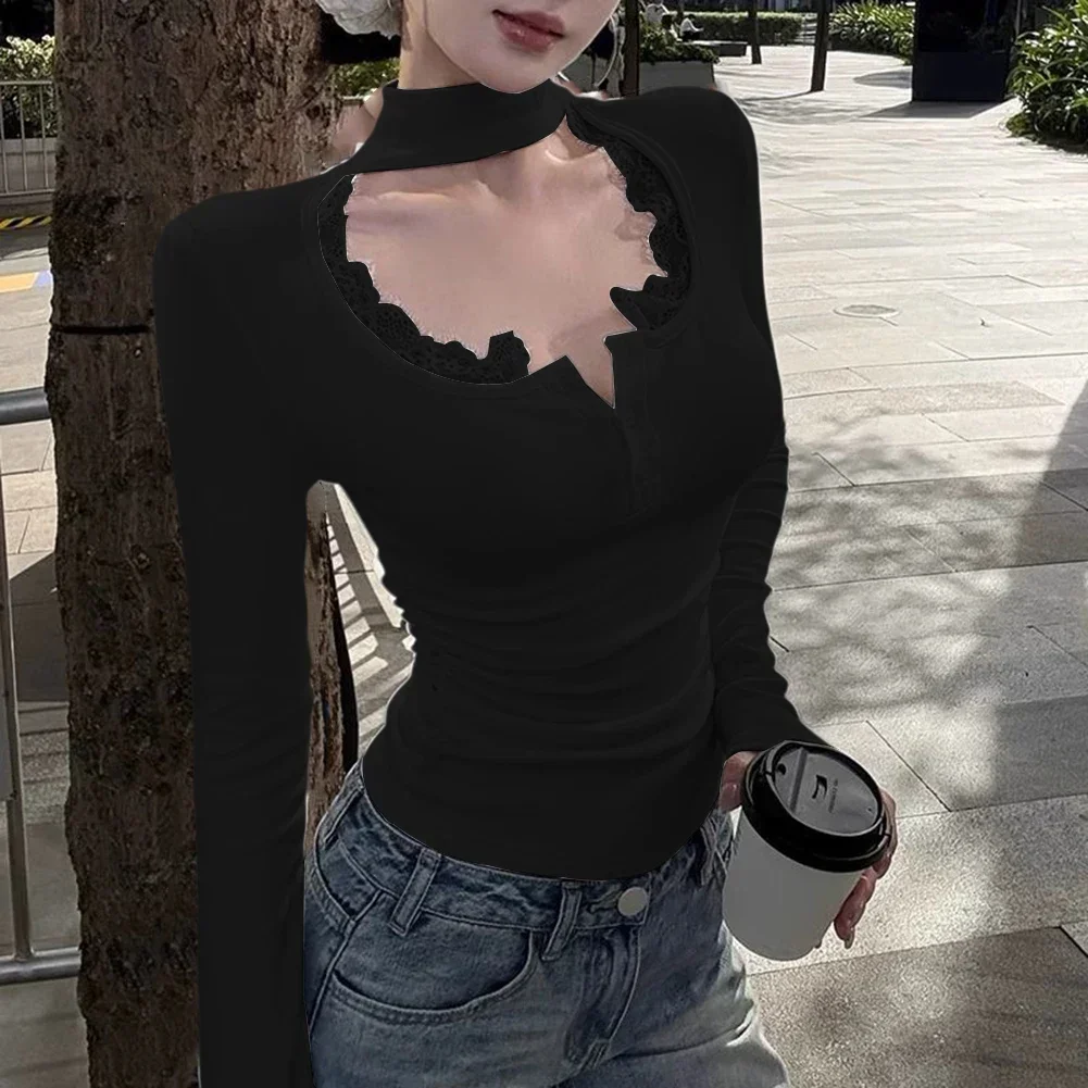 

Casual Spring Wear Lace Turtleneck T Shirt Casual Outing Polyester Fabric Regular Clothing Length Suitable For Vacation