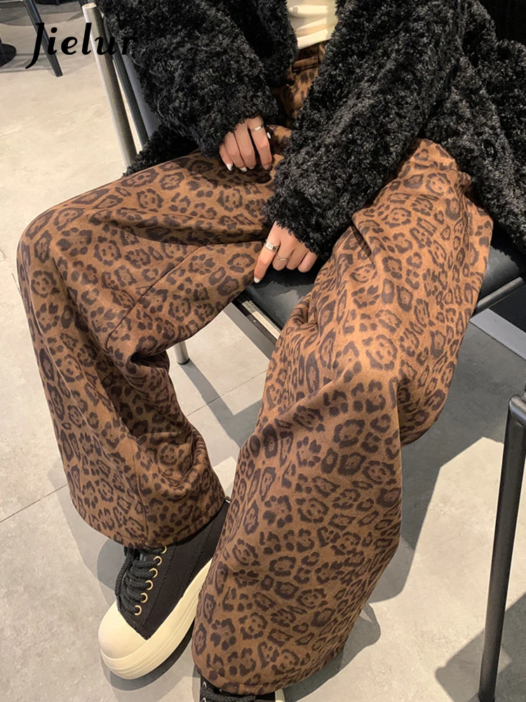 

Autumn New Classic Full Length Loose Women Pants Fashion Leopard Print Basic Zipper Button Vintage Loose Female Wide Leg Pants