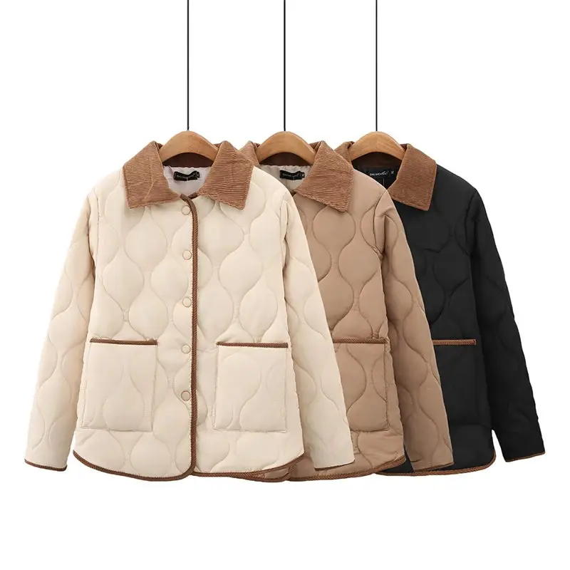 Cotton Jacket Winter Korean Version Warm Top Contrasting Corduroy Patchwork Oversized Quilted Coat Short Outerwear Z4074