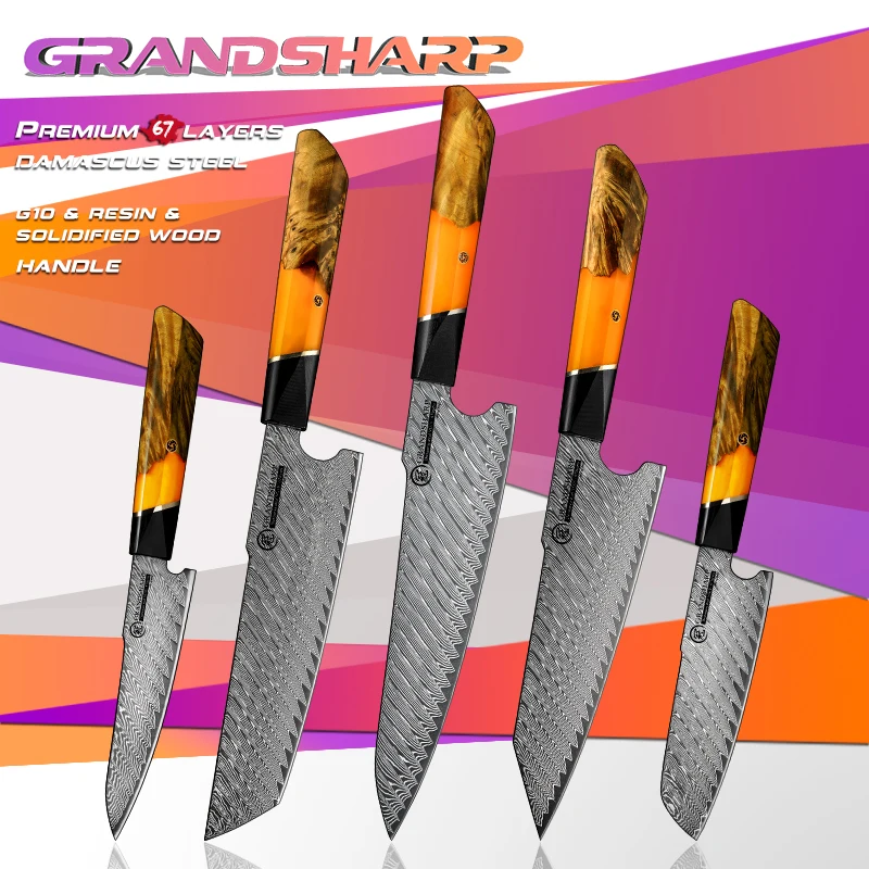 GRANDSHARP 67 Layers Damascus Stainless Steel Japanese Chef Kitchen Knives Nakiri Santoku Knife Meat Slicer Vegetables Cutter