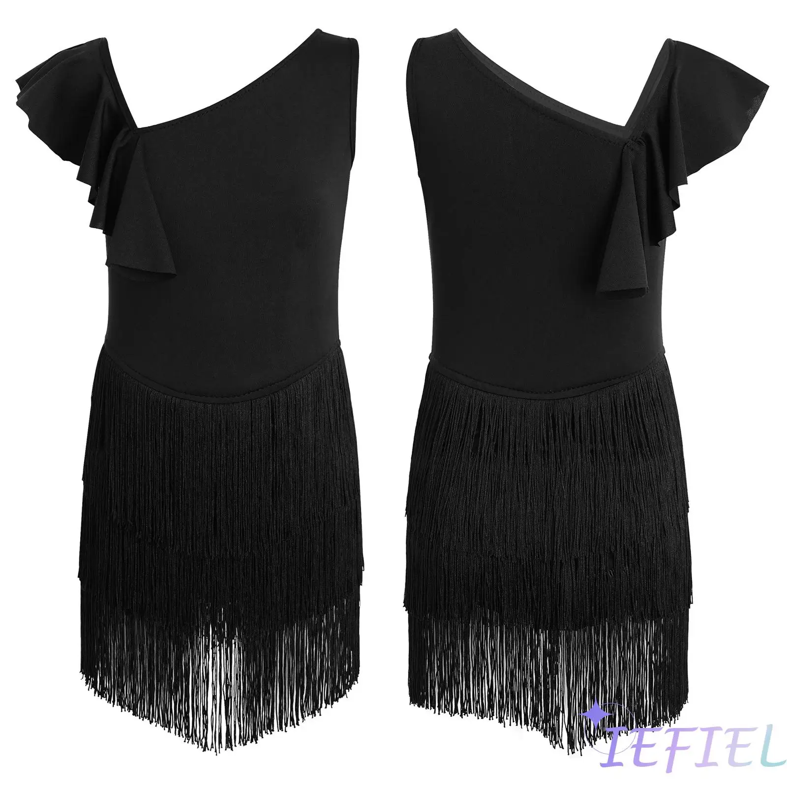 

Kids Girls Latin Jazz Dance Performance Dress Outfit Asymmetrical Ruffle Fringe Dress with Built-in Briefs Salsa Rumba Dancewear