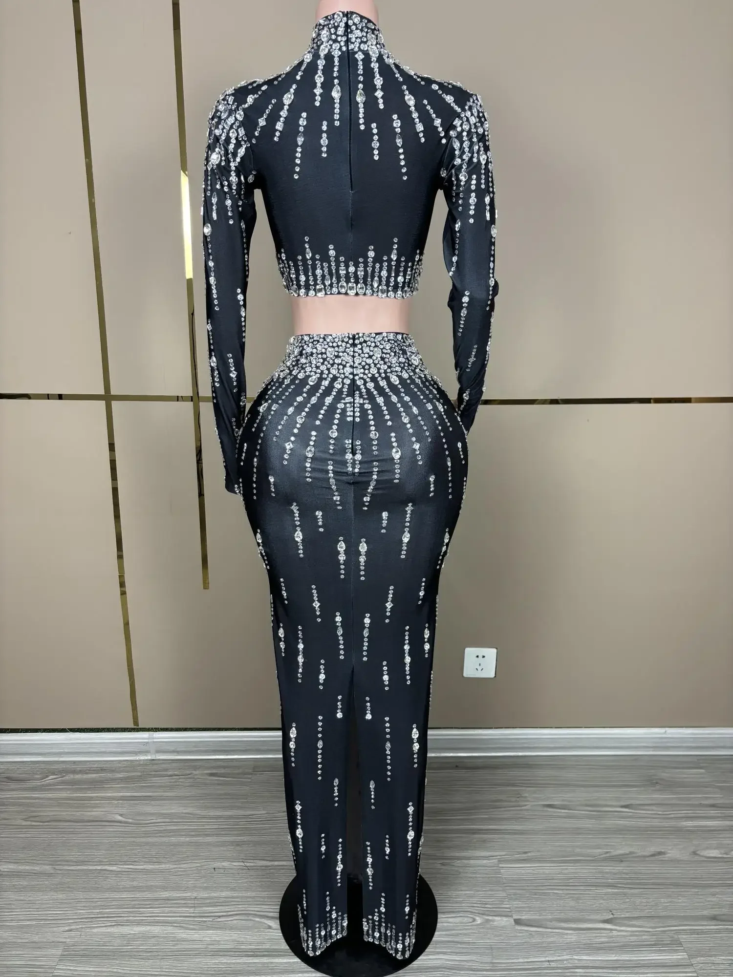 Birthday Party  Outfit Stage Dance costume Crystals Sexy Nightclub Tops Long Skirt 2Pieces Set Event Photo Shoot Wear