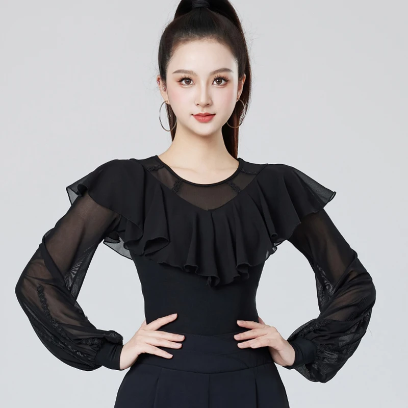社交ダンストップ黒長袖フリルボディスーツ女性標準モダンダンス練習着大人ラテントレーニング服-2507