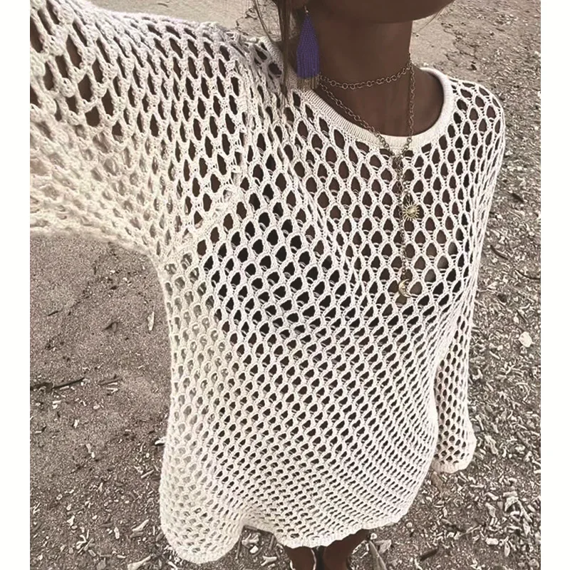 غطاء بيكيني محبوك مفرغ مثير لعام 2025، ملابس سباحة نسائية، ملابس خارجية للشاطئ والإجازات، معطف شاطئ نسائي