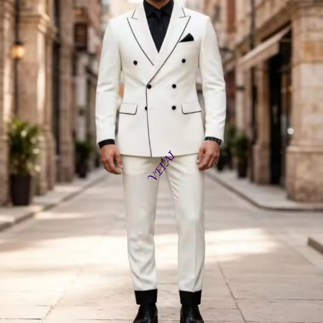 Mens White Double Breasted Suits 2 Piece Wedding Tuxedo Peak Lapel Contrast Black Piping Formal Groom Prom Office EvenCustomized