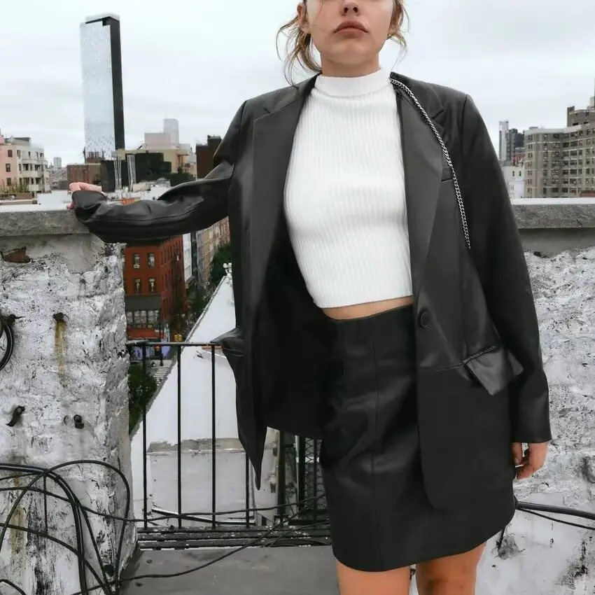 بدلة تأثير جلدية مستقيمة الساق من Faionable Jaet للسيدات لخريف وشتاء وصلت حديثًا من ألياف البوليستر ZR Sle جاهزة للتنقل #3