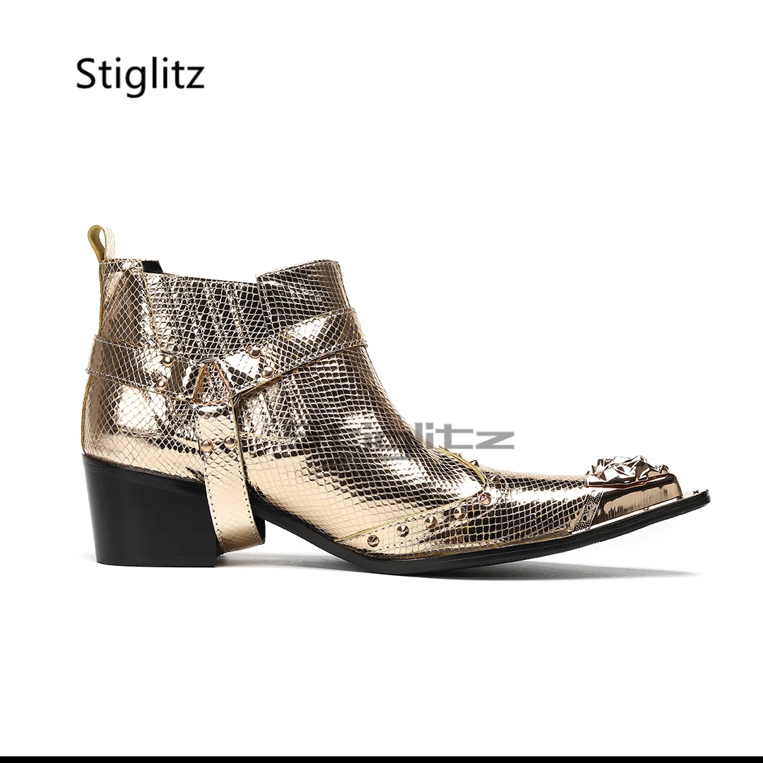 Men's Rivets High Heels Chelsea Boots Gold Metal Pointed Toe Genuine Leather Ankle Boots Autumn Winter Business Party Shoes