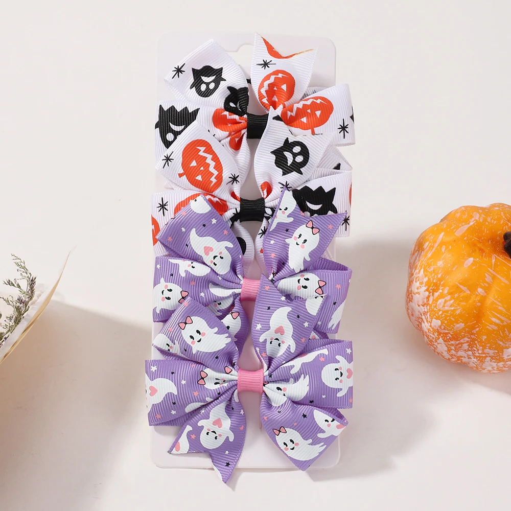 

4Pcs/Set Halloween Hair Accessories for Kids Girls Print Ribbon Pumpkin Skeleton Bows Side Clip Children's Hair Accessories
