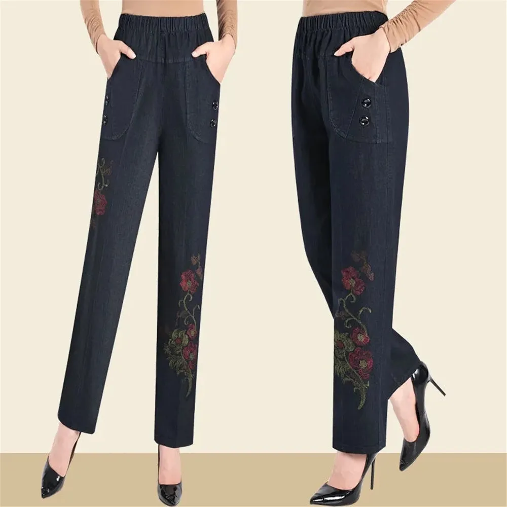 Jean Spinal Brodé de Fleurs Décontracté, Pantalon en Denim, Taille Haute, artificiel astique, Vintage, Baggy, Poches, Y2k