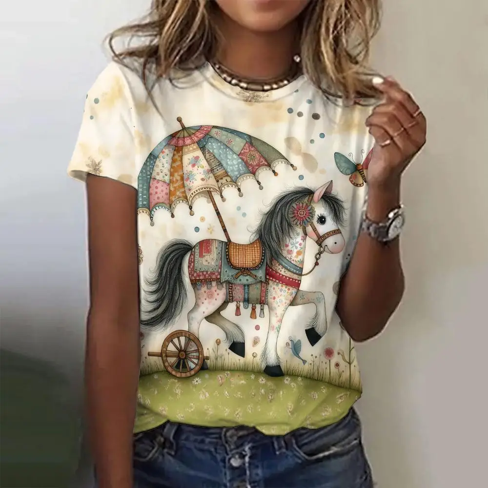 Summer Vintage Animal Horse 3D Print T-shirts Women Streetwear Casual Fashion Y2k Short Sleeve T Shirt O-neck Tees Tops Odzież