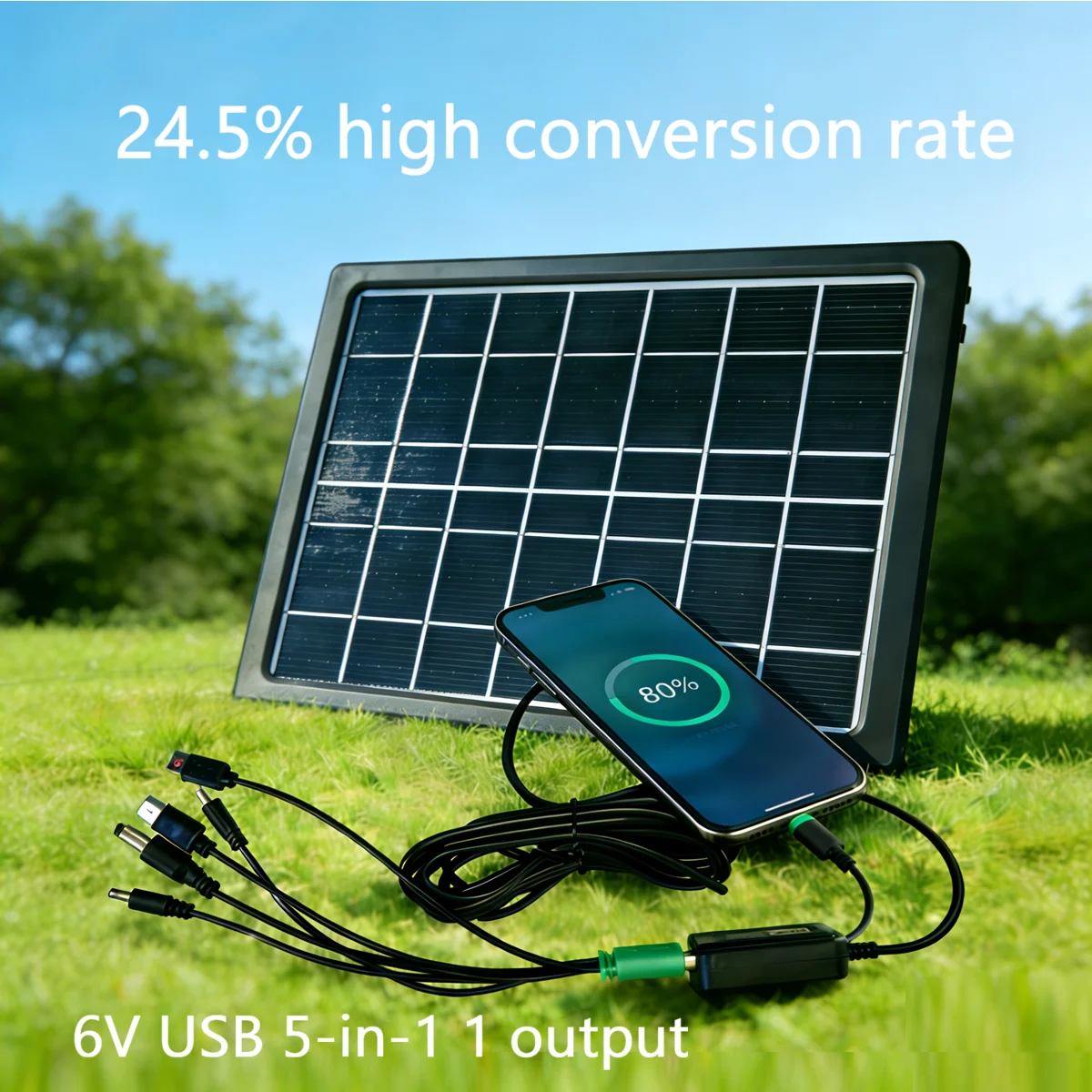 Portable 10W 20W Glass Solar Panel Charger 6V USB DC 5-in-1 Output Waterproof For Phone Power Bank Outdoor Camping Hiking Travel