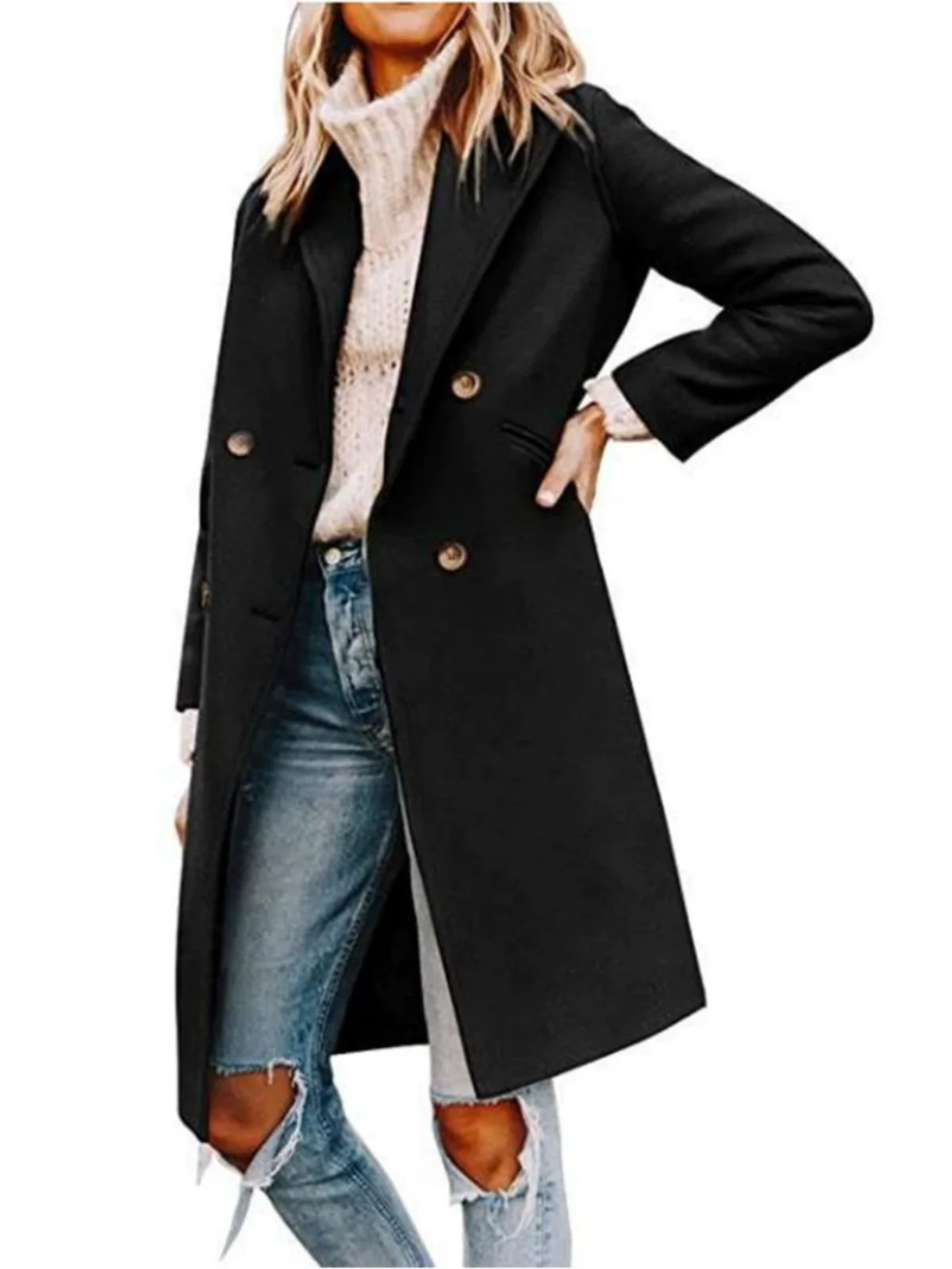 

Модное женское шерстяное пальто, весенне-осеннее облегающее двубортное пальто длиной миди на пуговицах, однотонное джинсовое платье для поездок на работу