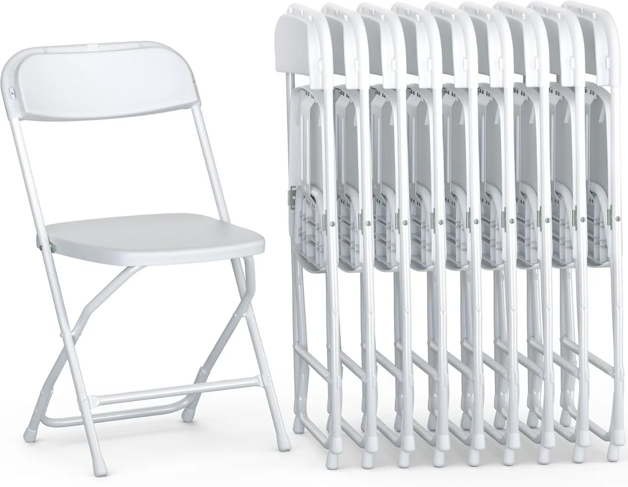 9 Pack White Plastic Chair | Foldable & Stackable | 300 lbs Capacity Steel Frame Seats for Indoor or Outdoor | Commercial Use