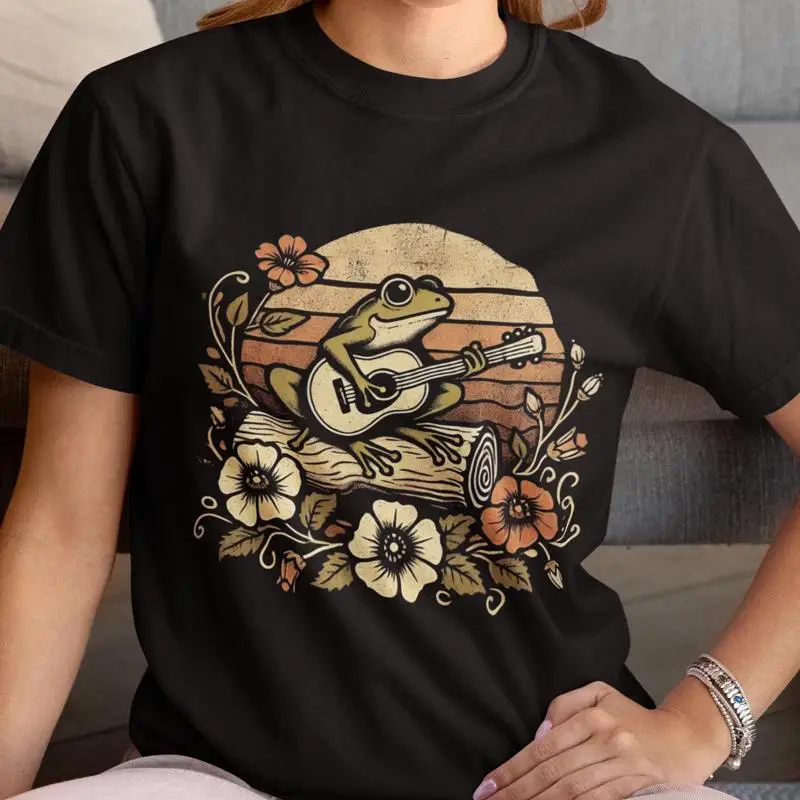 Cottagecore rana de gran tamaño con guitarra camiseta naturaleza bruja verde Top Granola chica prenda teñida
