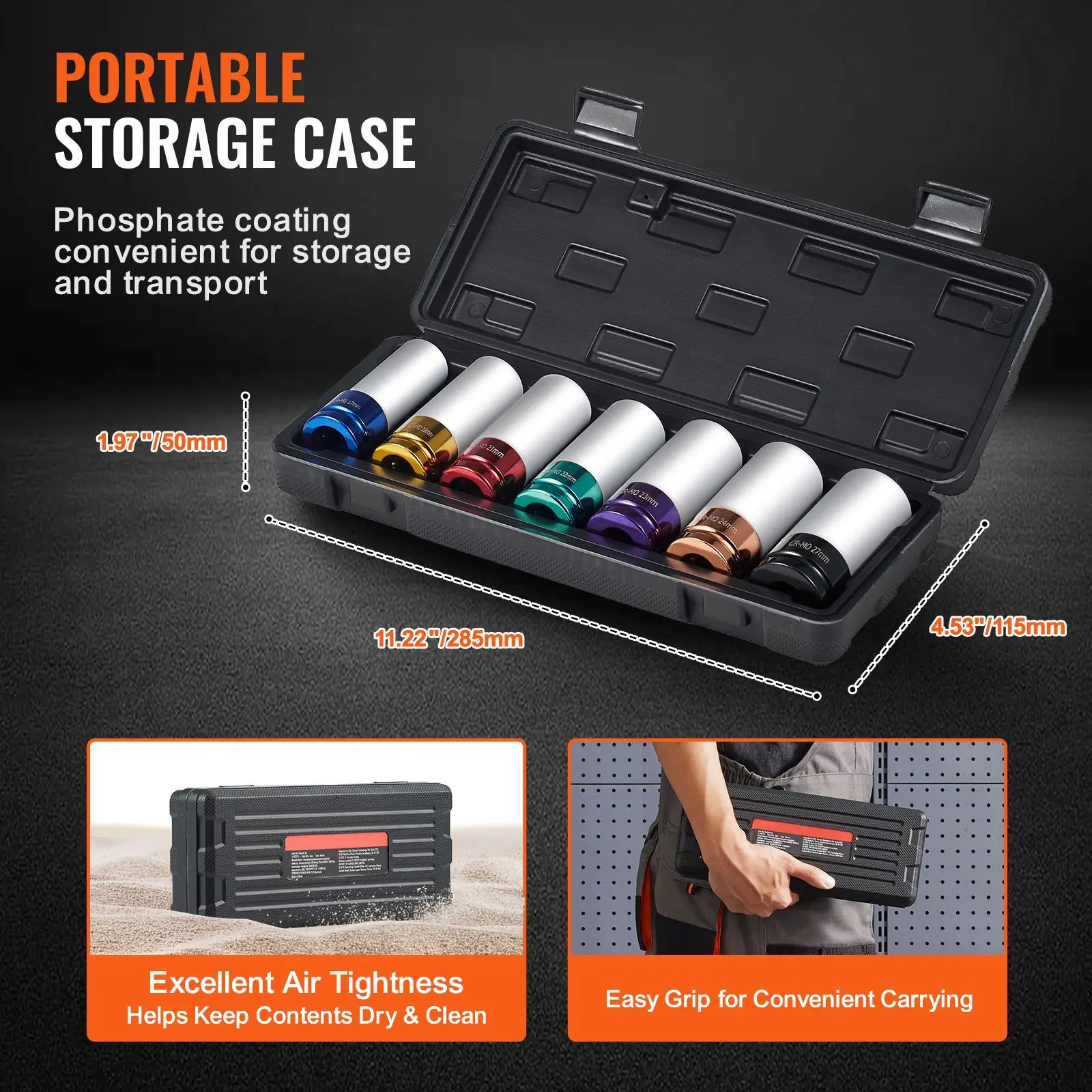Lug Nut Impact Socket Set, 1/2 inch Drive Metric 6-Point Deep Socket Set, 7 Total Lug Nut Sizes 17/19/21/22/23/24/27mm, CR-MO Steel Wheel Socket Set with Storage Case, for Auto Repair