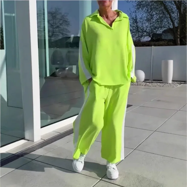 

2026 New Fashion Printed Sweater + Wide Leg Pants Two-piece Sets Women Spring Casual Loose Lapel Top And Pants Suit For Women