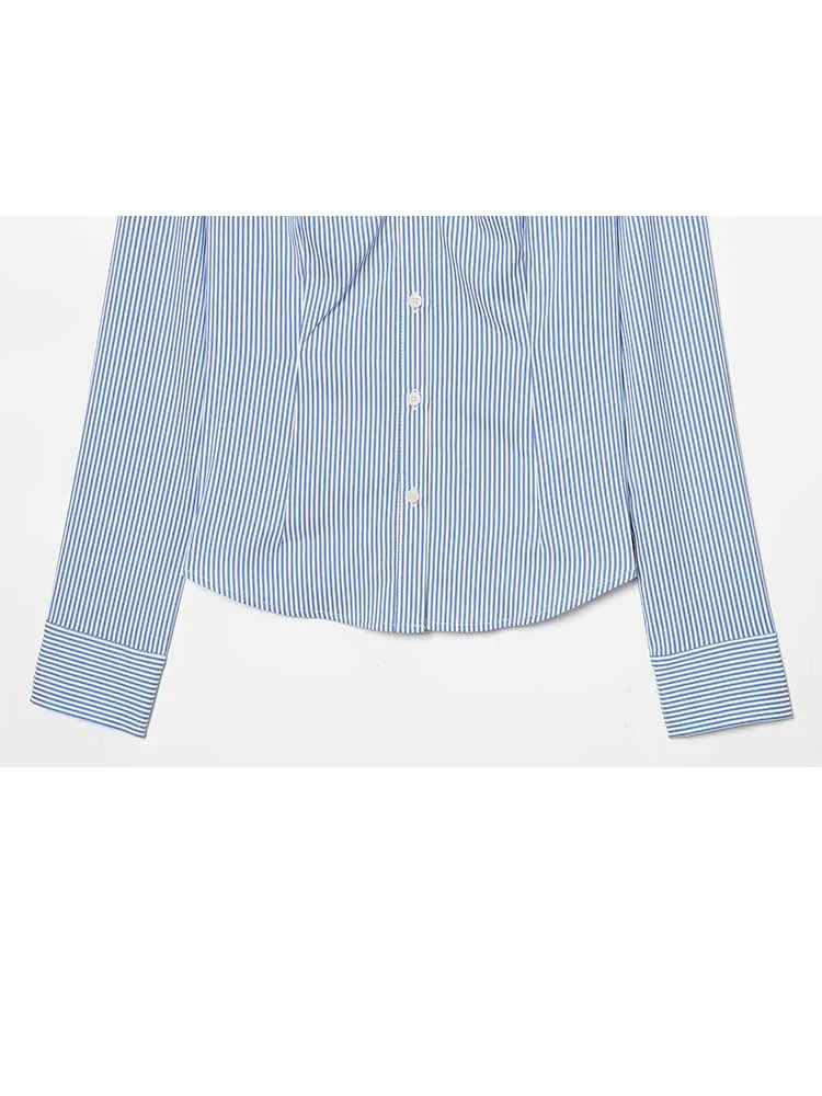 HH mujer primavera desplazamientos moda solapa manga larga decoración plisada Slim Fit camisa versátil mujer Casual Tops cómodos