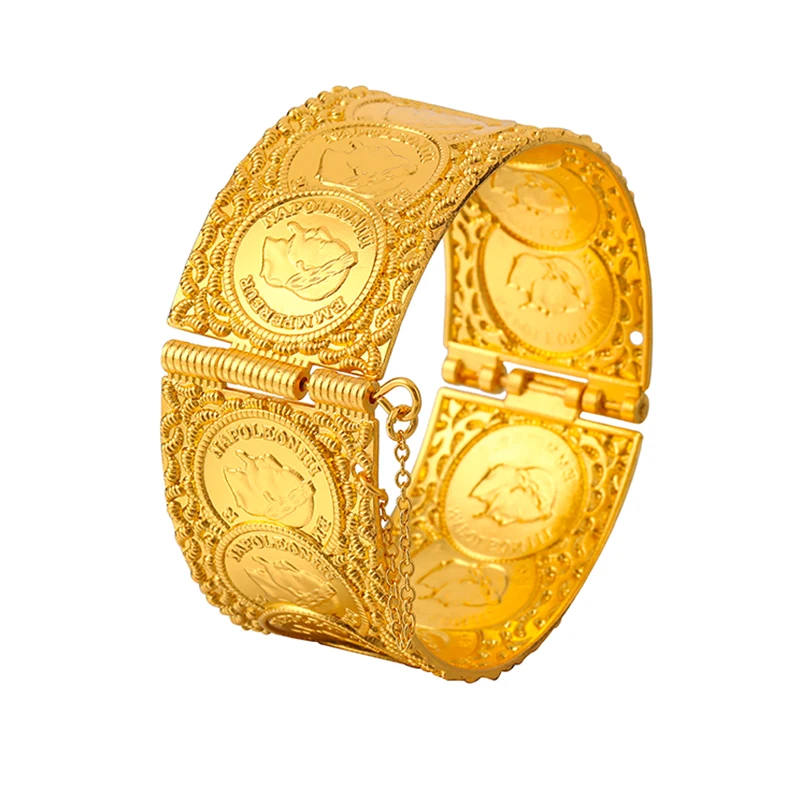 Vintage Münzmuster Manschettenarmband für Damen, Vergoldeter Hohler Metall-Breitarmreif Modischer Statement-Schmuck – Detail 5