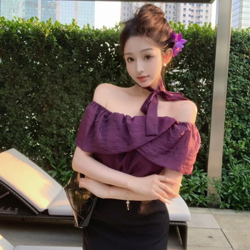 

Женская блузка с открытыми плечами, завязками на шее, оборками, из прозрачного шифона, свободного кроя, летние топы, разные цвета