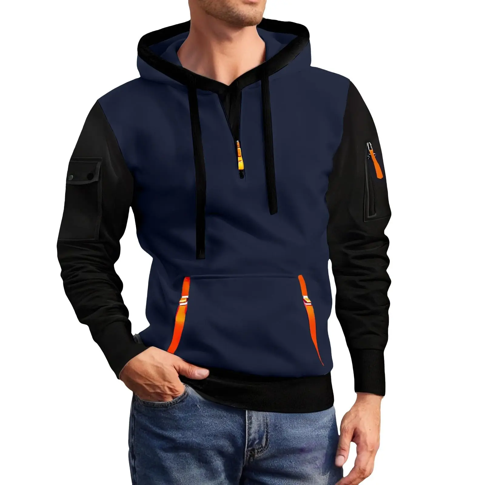 

Autumn Winter Men's Hooded Hoodies Solid Long Sleeve Multi-pocket Zipper Pullover Sports Sweatshirt Harajuku Casual Streetwear