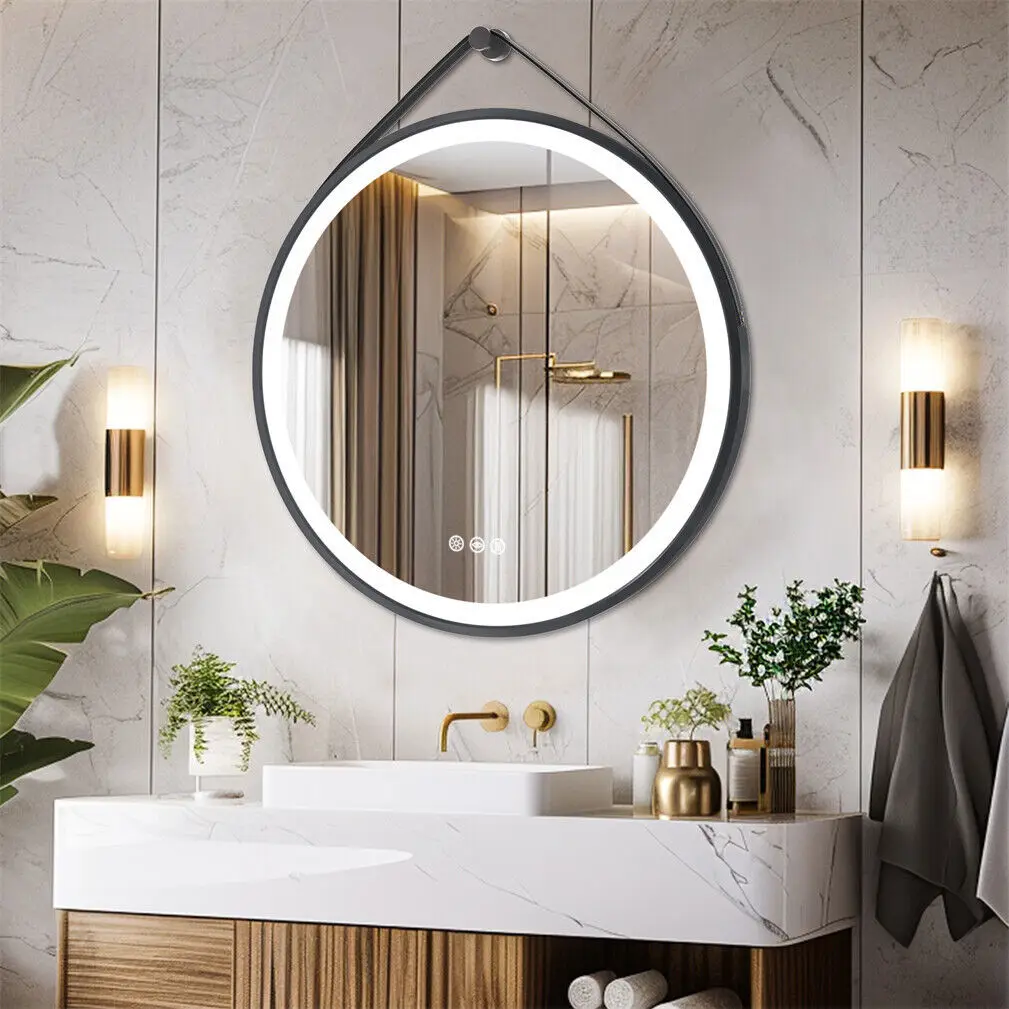 Round Mirror 600/700/800mm LED Bathroom Mirror Illuminated Wall Mirror Anti-fog Dimmable with Leather Belt