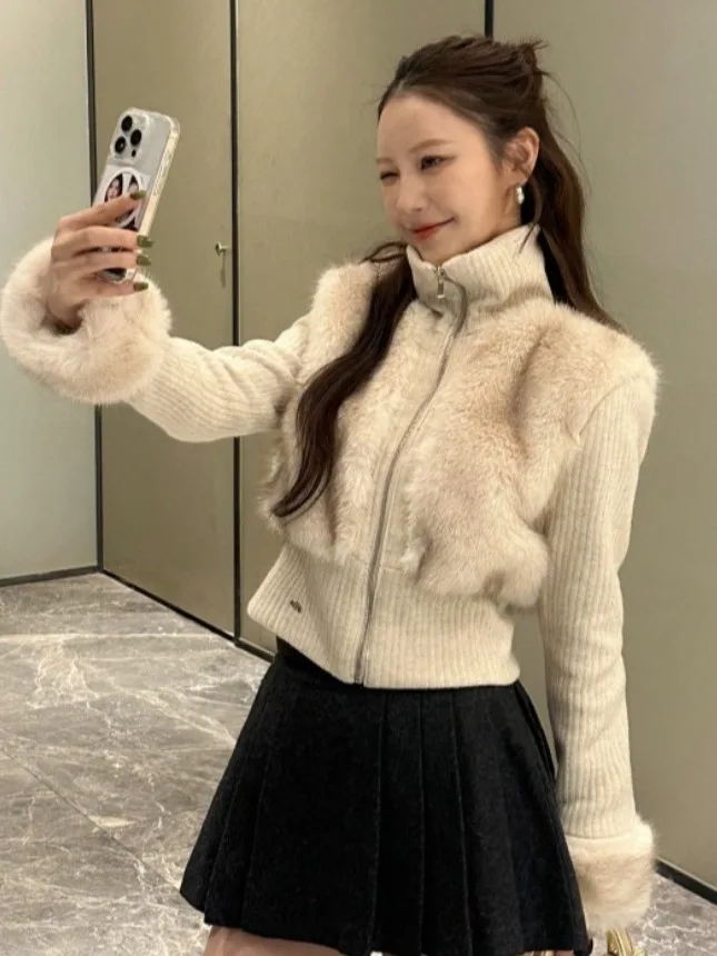 Retro Jesienno-Zimowy Płaszcz z Imitacji Futra, Dzianinowy, z Naszywkami, Dopasowany Krój, Damski, Elegancki, Wszechstronny, Ciepły, Rozpinany Kardigan lub Odzież Wierzchnia