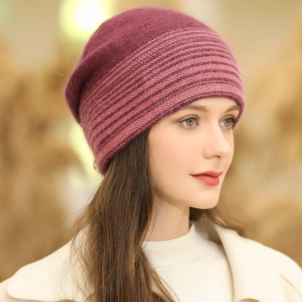 New Women Winter Hat Rabbit Fur Blend Warm Beanie Hat For Female Casual Streetwear Knitted Hat