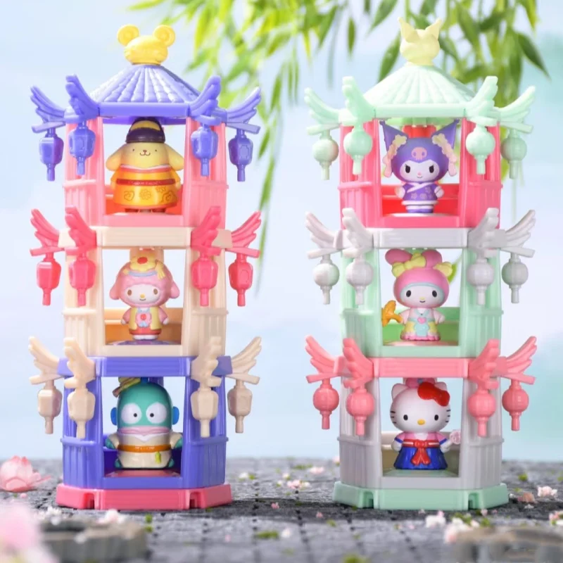 

Original Ancient-Style Sanrio In The Pavilion Series Blind Box Hellokitty Kuromi Hangyodon Figurine Tabletop Decoration Gift