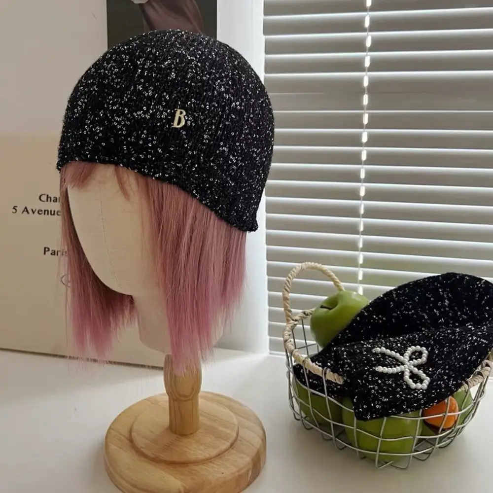 Woman Winter Hats With Sequined Knitted Warm Beanie Cap Girl Letter Pearl Bow Beanie Hat Y2k Streetwear Pullover Accessories New