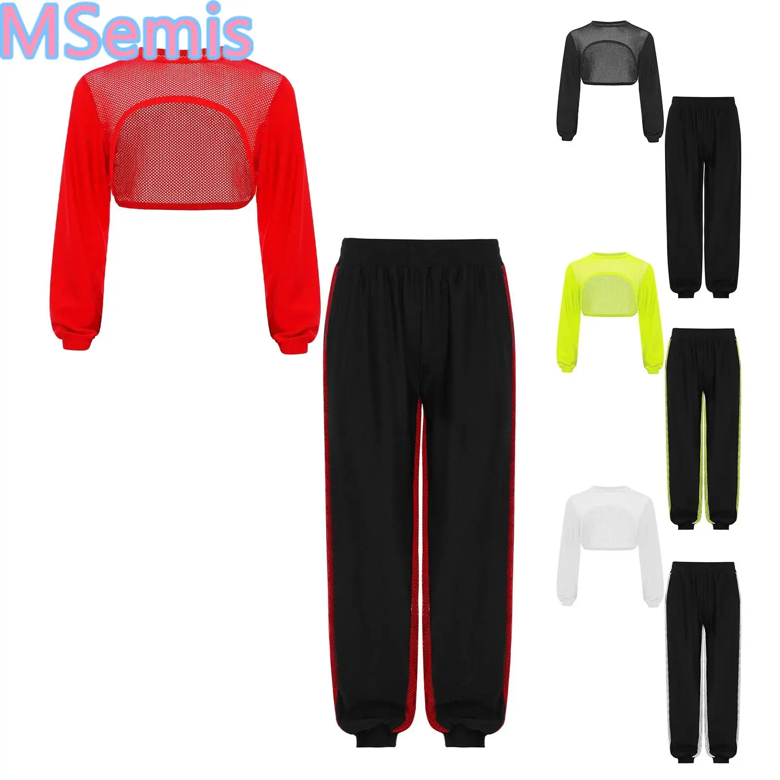 

Kids Girls Hip-Hop Dance Outfit Hollow Out Mesh Patchwork Asymmetrical Hem Crop Top with Elastic Waistband Contrast Color Pants