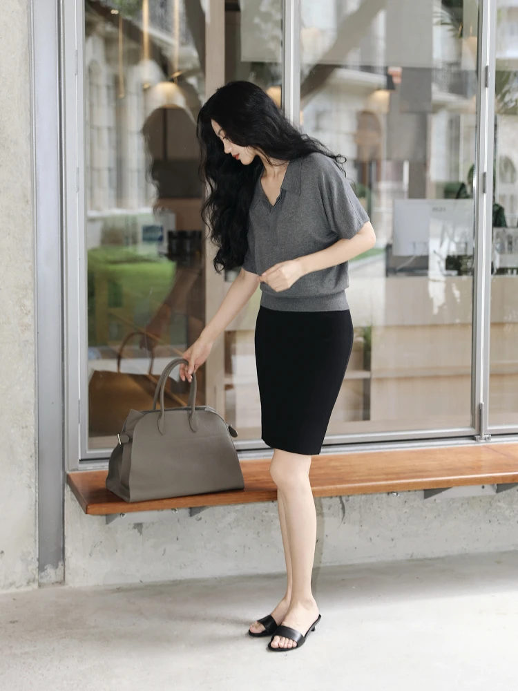 

TAIYANG OFFICE Simple Knitted Wrap Skirt Spring Summer Sle High Waist Slim Fit A-Line Skirt for Young Women