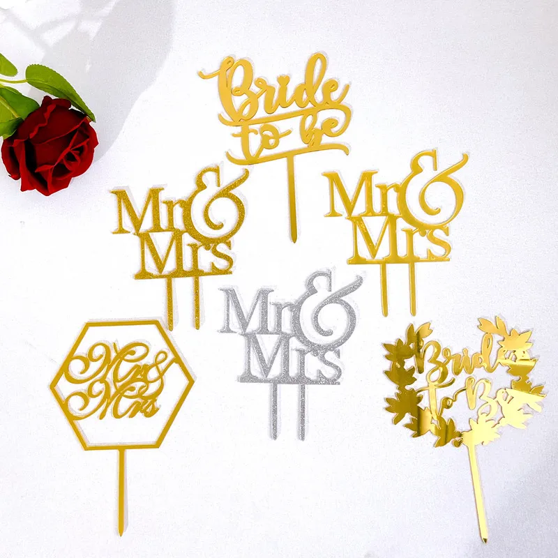 Mr Mrs Wedding Cake Topper Gold Acrylic Bride to Be Cake Topper Engagement Party Wedding Cake Decorations Mariage Party Supplies