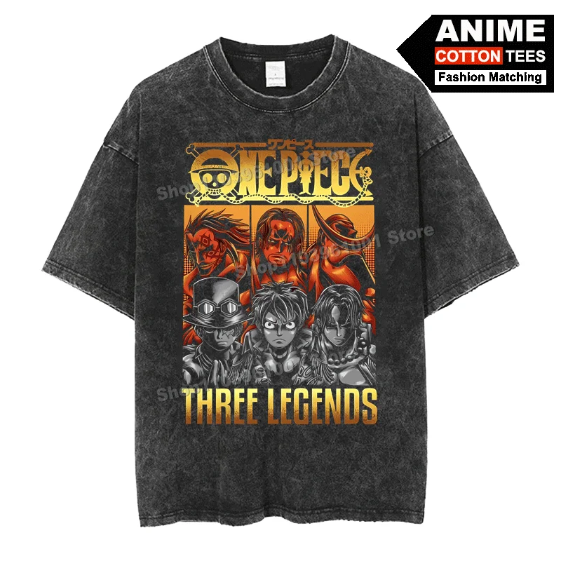 

Retro Washed Street styl T Shirt Anime ONE PIECE - THREE LEGENDS Print Clothes Cotton Loose Men Women Casual Short Sleeve Tees