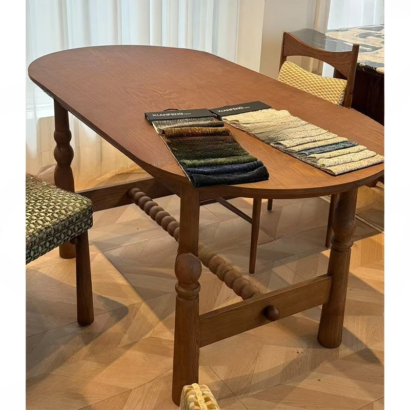 French solid wood rectangular oval dining table household small apartment retro long table restaurant designer simple medieval