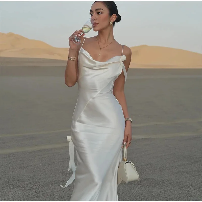 Robe longue de soirée en Satin blanc privé pour femmes, dos nu, automne 2025