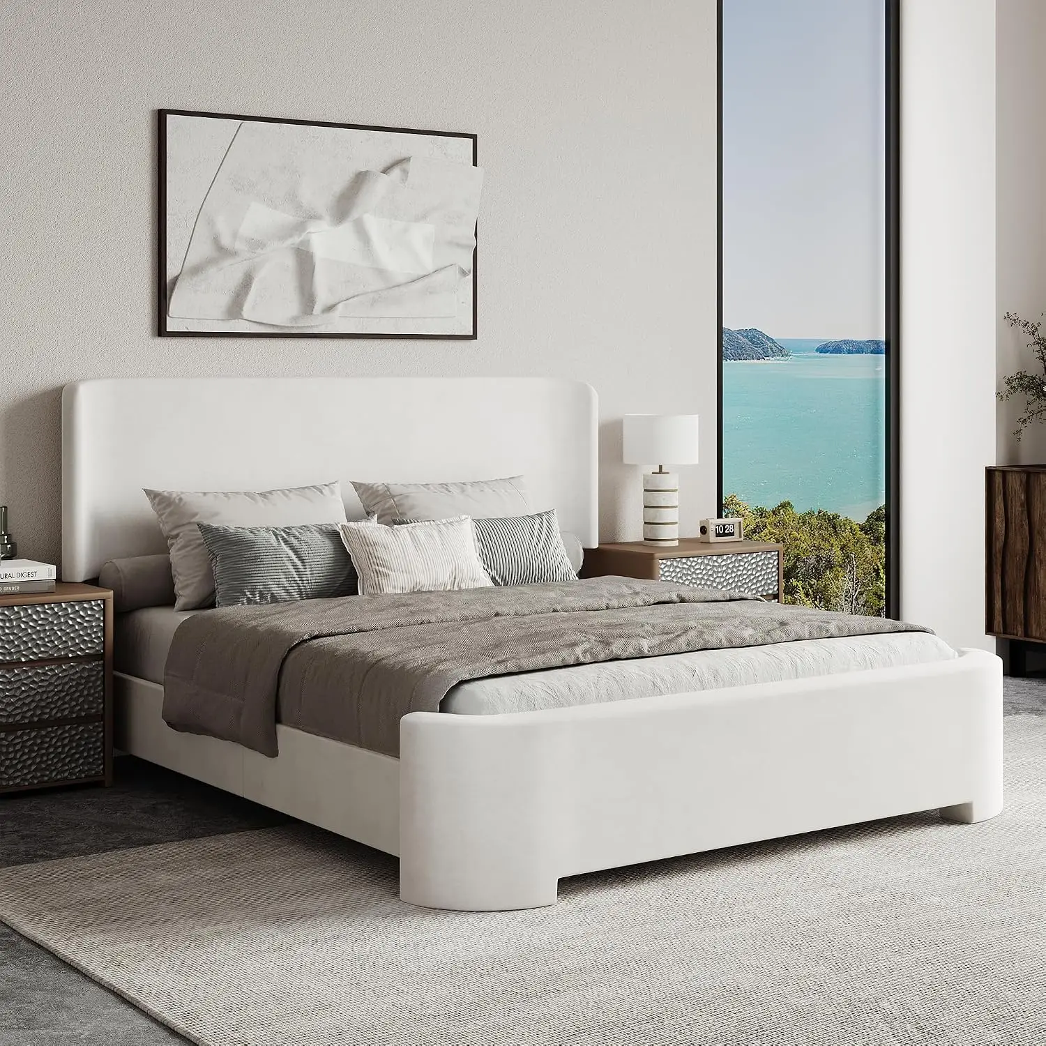 Full Size Bed Frame Wingback Headboard Velvet Upholstered Platform Quiet Stable Easy Assembly No Box Spring, Customized