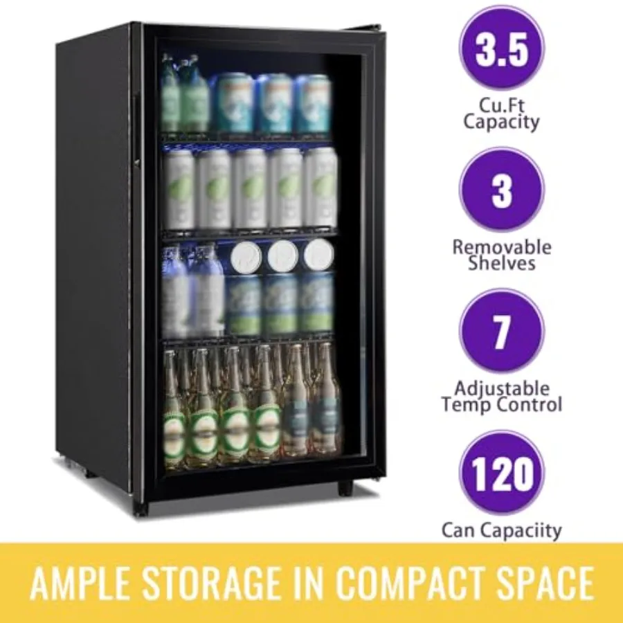 ثلاجة مشروبات 3.5 قدم مكعب، ثلاجة صغيرة مع باب زجاجي لصودا البيرة أو آلة تبريد المشروبات الصغيرة مع شفافة