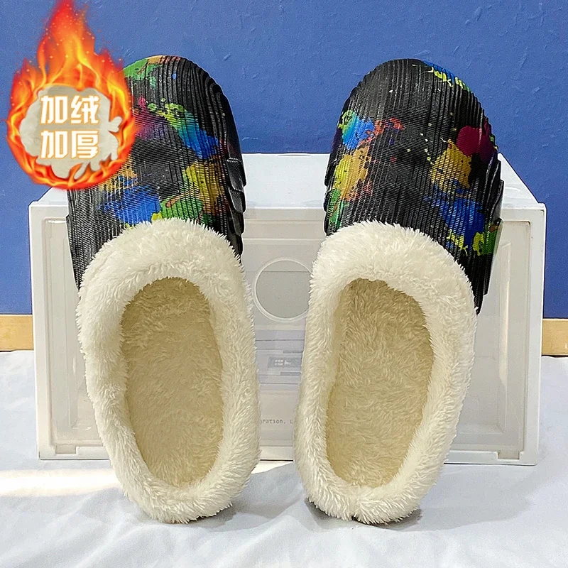 Baotou couple slippers winter indoor velvet warm cotton slippers EVA print comfortable soft sole half pack slippers