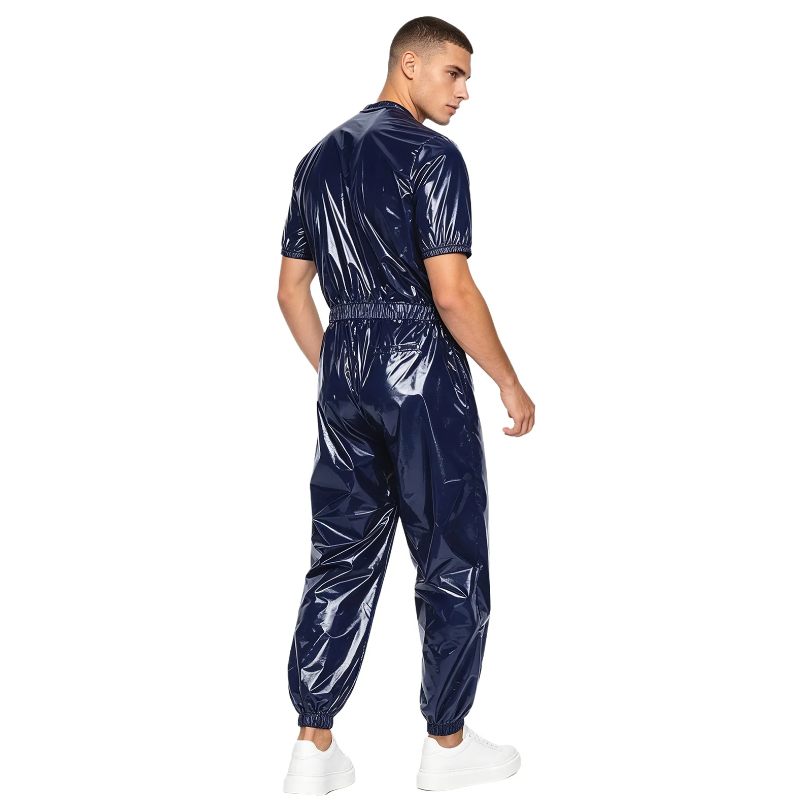 Mens Waterproof Tracksuit Sauna Sweat Suit Short Sleeve Zipper Jogging Pants Jumpsuit with Pockets Rainwear Workout Sportswear