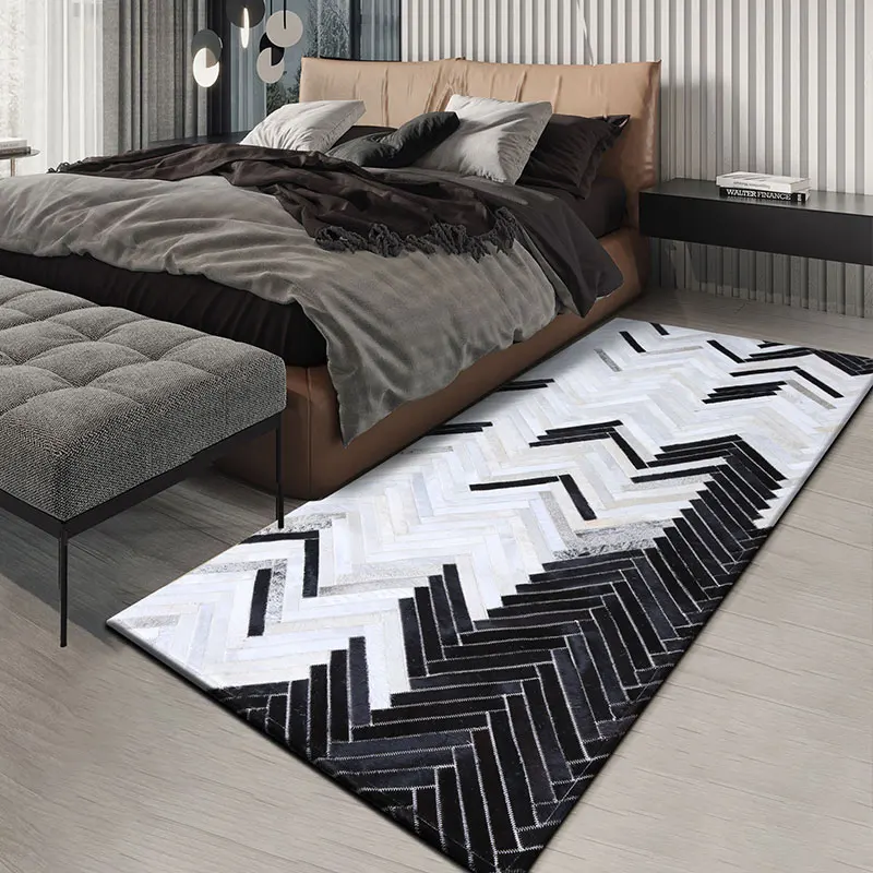 Black White Real Cowhide Bedroom Carpet Bed End Bedside Hallway Long Rugs Handmade Stitching Home American Area Rug Living Room