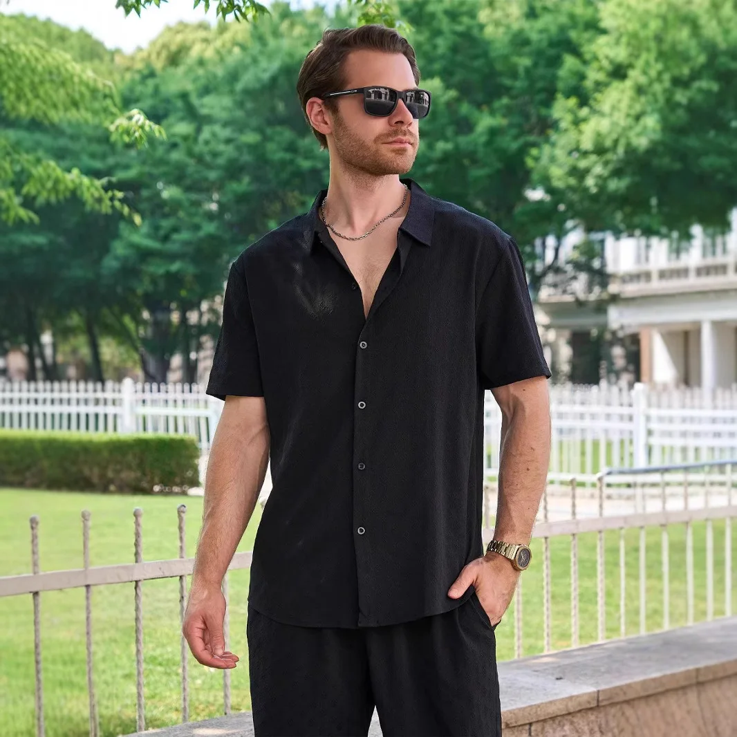 

Новый мужской жаккардовый кардиган с лацканами, повседневная свободная уличная повседневная рубашка с короткими рукавами