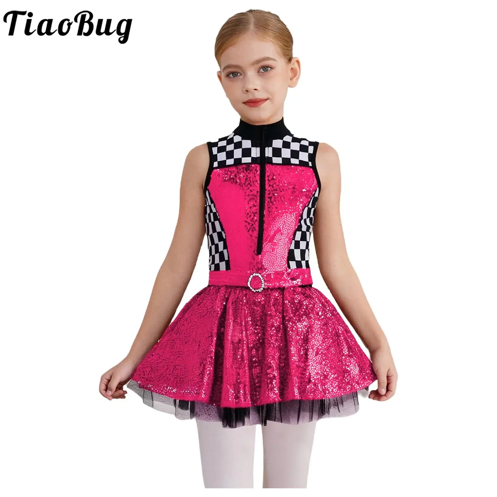 

Girls Halloween Race Car Driver Costume Sequins Patchwork Sleeveless Zipper Waist Ring Puffy Dress Ballet Tutu Dancewear
