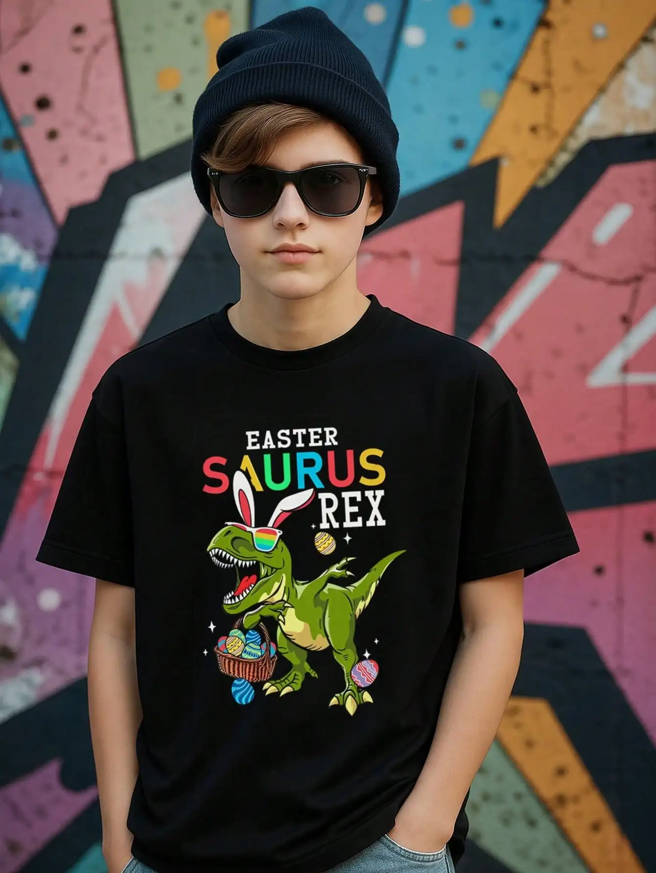 

Tween Boys Dinosaur Easter Cotton Graphic Tees, Black Casual Style Description Summer Tops With "EASTER SAURUS REX"