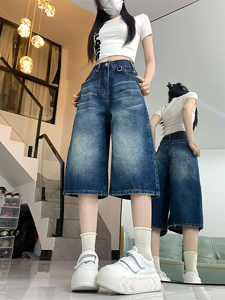 Pantaloni a vita alta in denim vestibilità ampia da donna American Sle Summer Faion plus Size Pantaloni a gamba larga da sette piedi